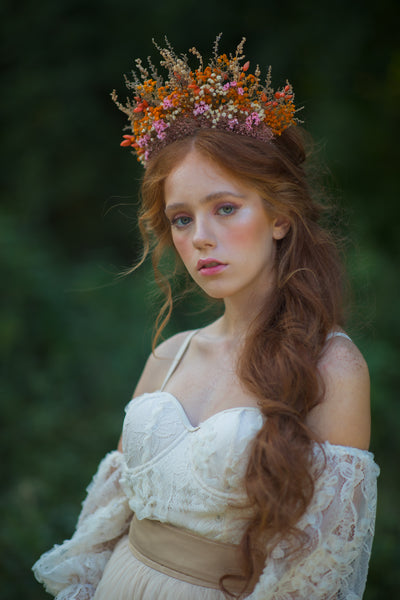 Dried orange and pink flower crown