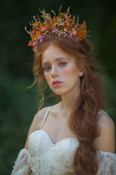 Dried orange and pink flower crown