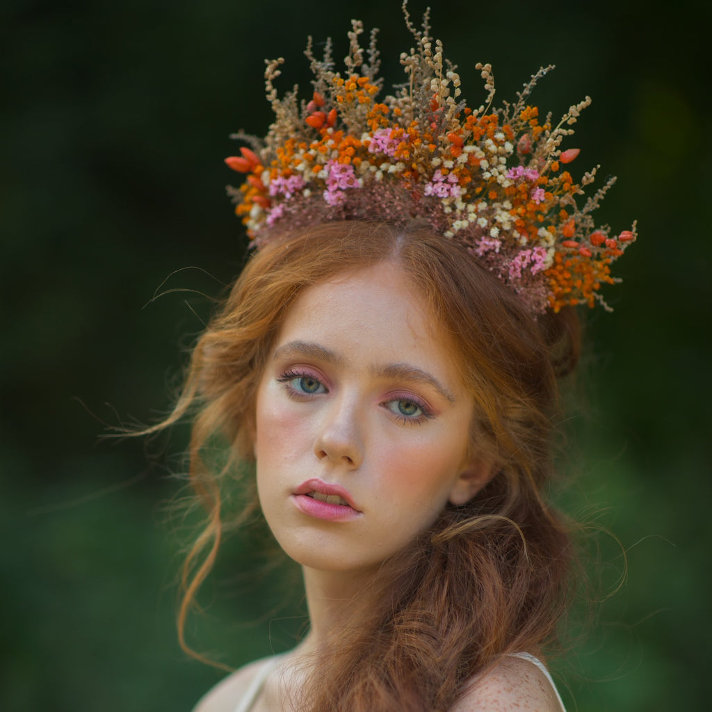 Dried orange and pink flower crown