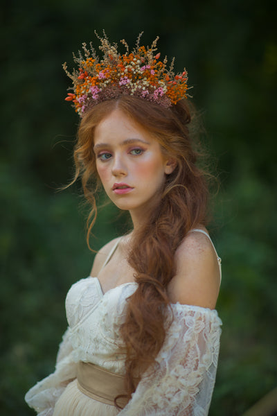Dried orange and pink flower crown