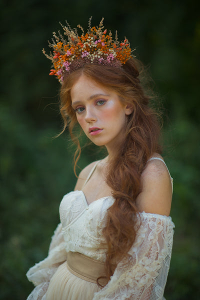 Dried orange and pink flower crown