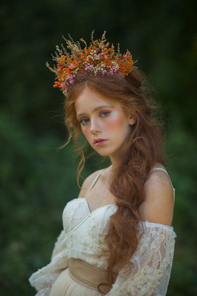 Dried orange and pink flower crown