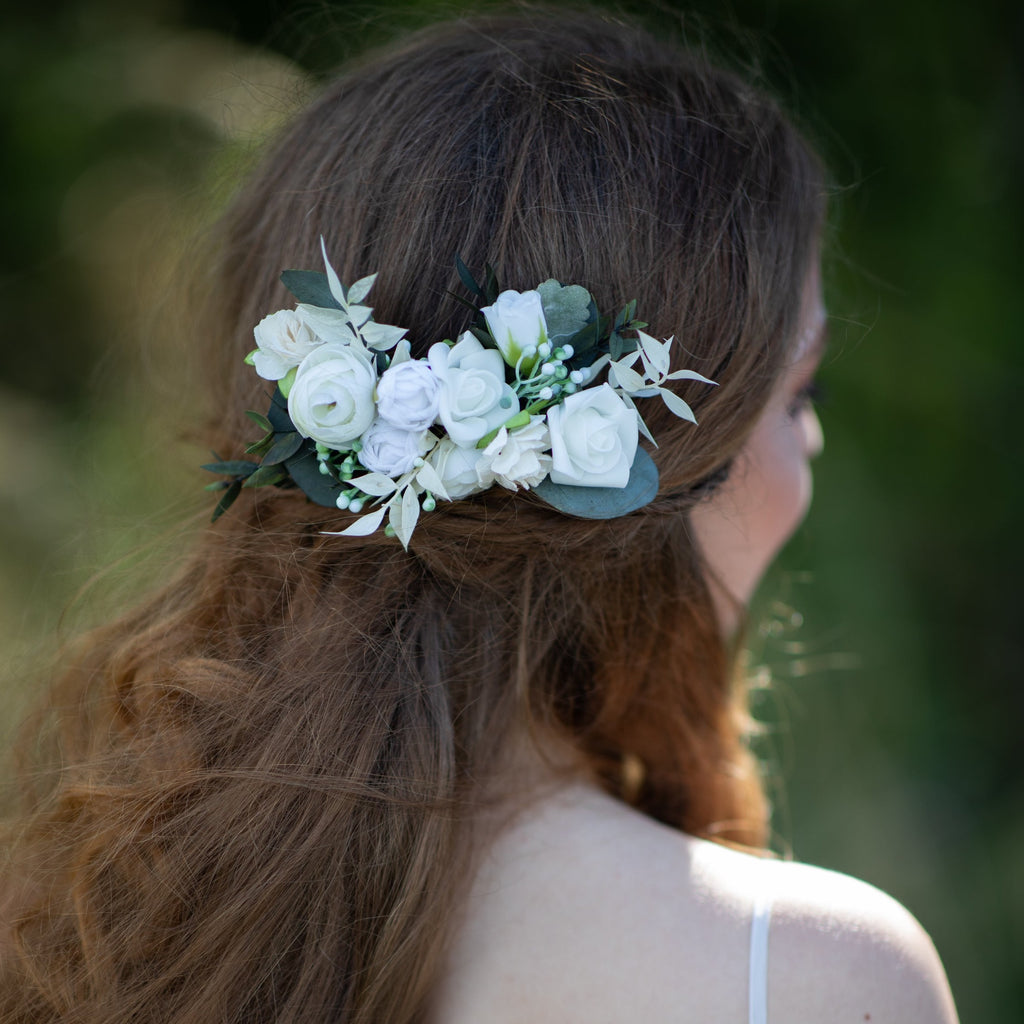 Bridal boho flower hair comb Ivory and green headpiece Peony and roses wedding hair comb Bridal hair accessories Magaela White flower comb