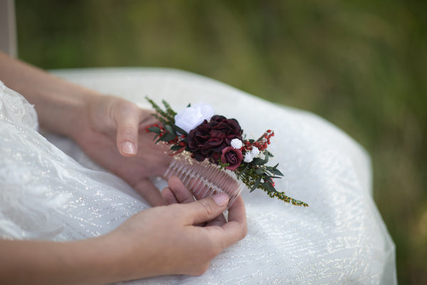Burgundy and white bridal hair comb Flower bridal comb Wedding hair comb Magaela Customisable bridal hair comb Natural bridal headpiece