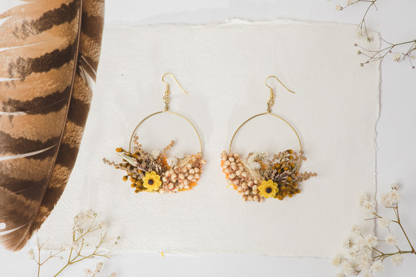 Flower earrings for bride in earthy colours and yellow accent Circle floral earrings 2021 Wedding dangle earrings Handmade dried flower jewelry Magaela