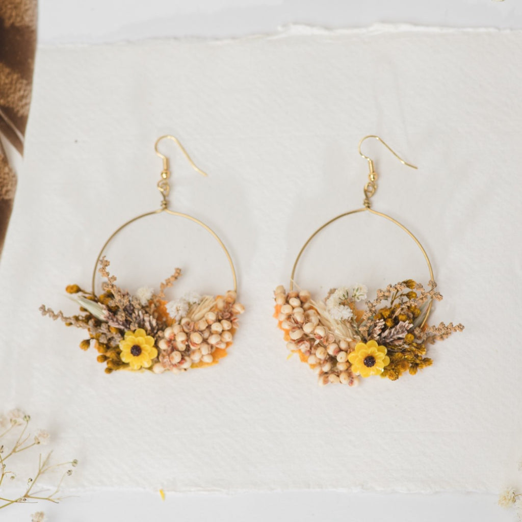 Flower earrings for bride in earthy colours and yellow accent Circle floral earrings 2021 Wedding dangle earrings Handmade dried flower jewelry Magaela