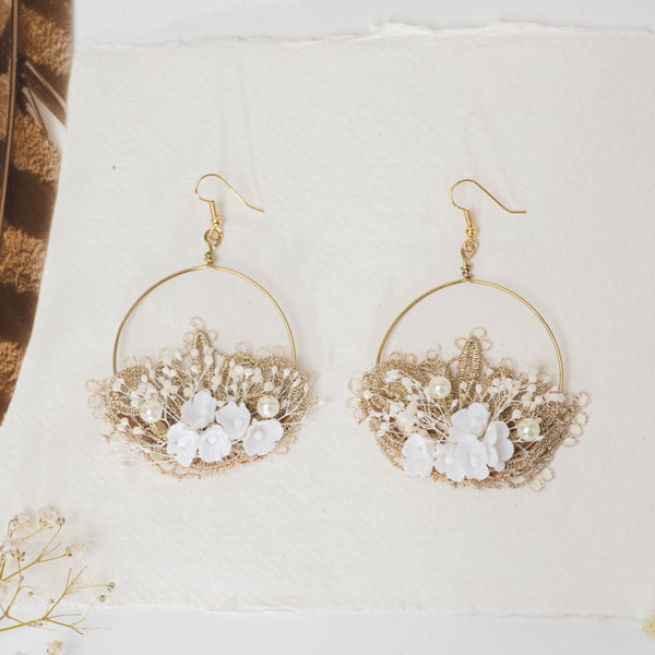 Elegant white and golden flower earrings Glam Bridal Circle floral earrings 2021 Wedding dangle earrings Handmade dried flower jewelry Magaela