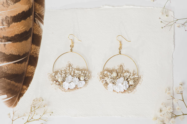 Elegant white and golden flower earrings Glam Bridal Circle floral earrings 2021 Wedding dangle earrings Handmade dried flower jewelry Magaela