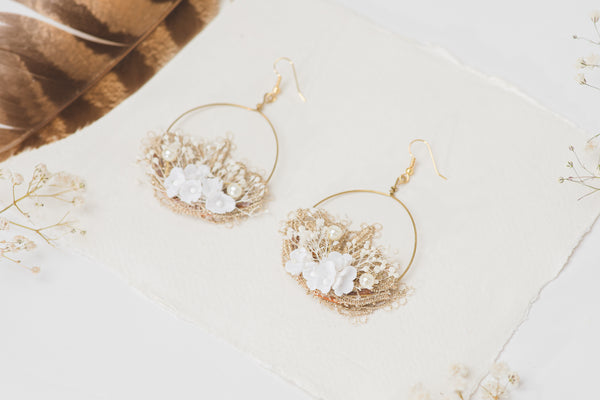 Elegant white and golden flower earrings Glam Bridal Circle floral earrings 2021 Wedding dangle earrings Handmade dried flower jewelry Magaela