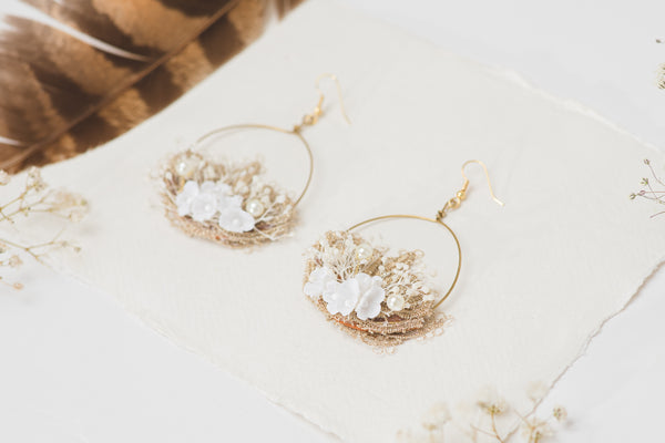 Elegant white and golden flower earrings Glam Bridal Circle floral earrings 2021 Wedding dangle earrings Handmade dried flower jewelry Magaela