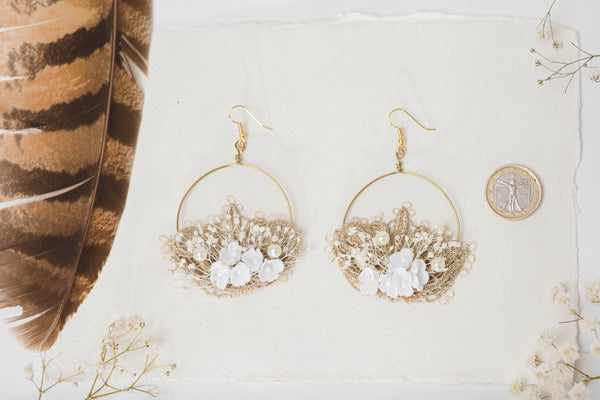 Elegant white and golden flower earrings Glam Bridal Circle floral earrings 2021 Wedding dangle earrings Handmade dried flower jewelry Magaela