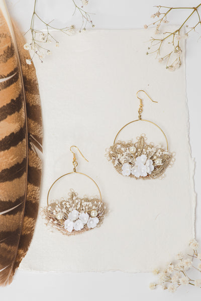 Elegant white and golden flower earrings Glam Bridal Circle floral earrings 2021 Wedding dangle earrings Handmade dried flower jewelry Magaela