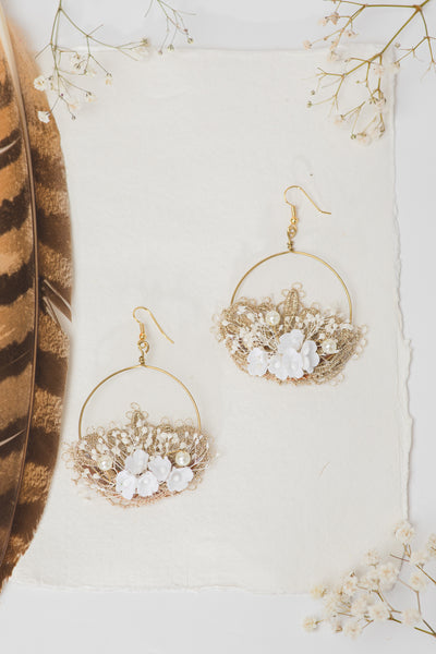 Elegant white and golden flower earrings Glam Bridal Circle floral earrings 2021 Wedding dangle earrings Handmade dried flower jewelry Magaela