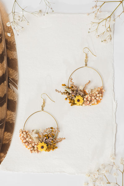 Flower earrings for bride in earthy colours and yellow accent Circle floral earrings 2021 Wedding dangle earrings Handmade dried flower jewelry Magaela