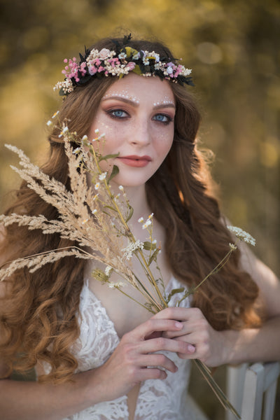 Meadow wedding hair crown, Bridal hair wreath, Wildflower wedding wreath, Wedding hair flowers, Pink roses, Baby's breath jewellery, Magaela
