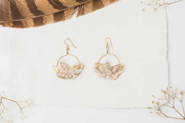 Golden circle dangle earrings with crystals Flower earrings Beige Gold Bridal earrings 2021 elegant earrings Jewellery for bride Handmade