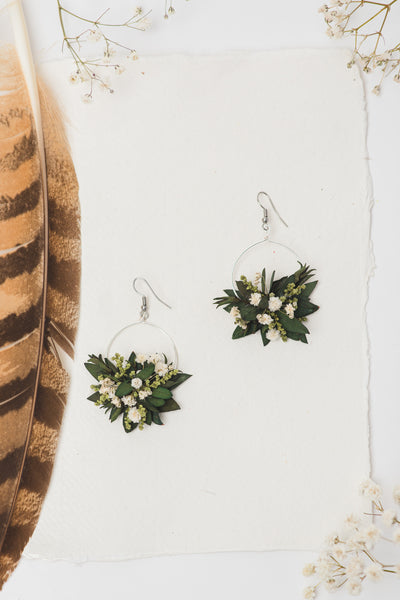 Greenery wedding circle dangle earrings Flower baby's breath silver earrings for bride Dried flowers Magaela handmade 2021