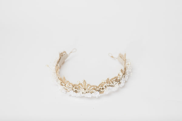 Gold and white bridal hair crown with lace and pearls Wedding 2021 Headpiece Luxury Bride Magaela Handmade Elegant wedding tiara Hair wreath