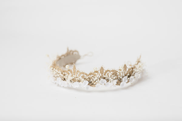Gold and white bridal hair crown with lace and pearls Wedding 2021 Headpiece Luxury Bride Magaela Handmade Elegant wedding tiara Hair wreath