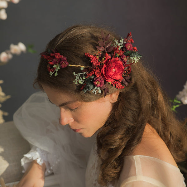 Red and burgundy flower hair vine