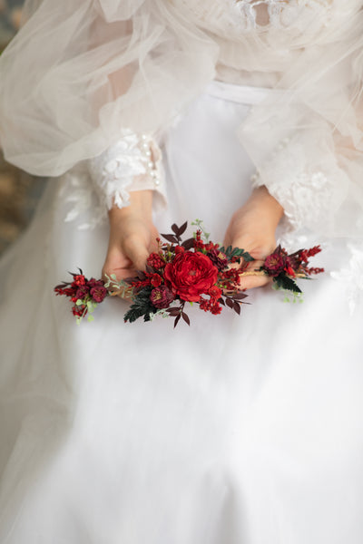 Red and burgundy flower hair vine