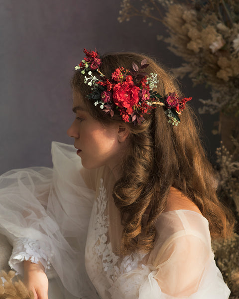 Red and burgundy flower hair vine