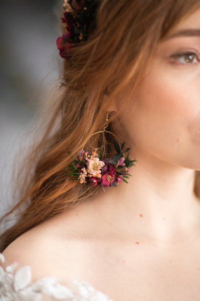 Burgundy circle flower earrings