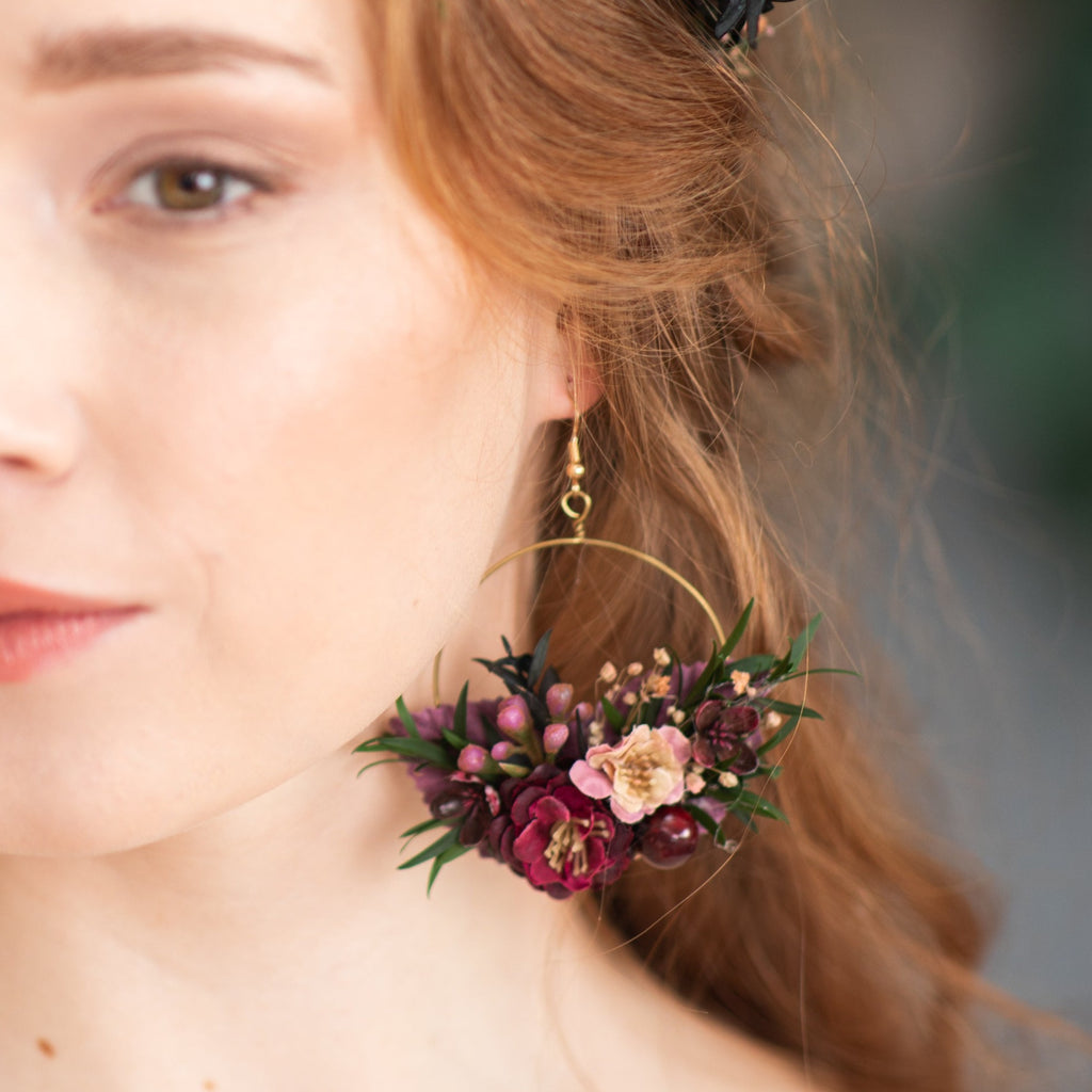 Burgundy circle earrings Romantic wedding earrings Bride to be Hoop earrings Dark pink earrings Magaela accessories Flower jewellery magaela