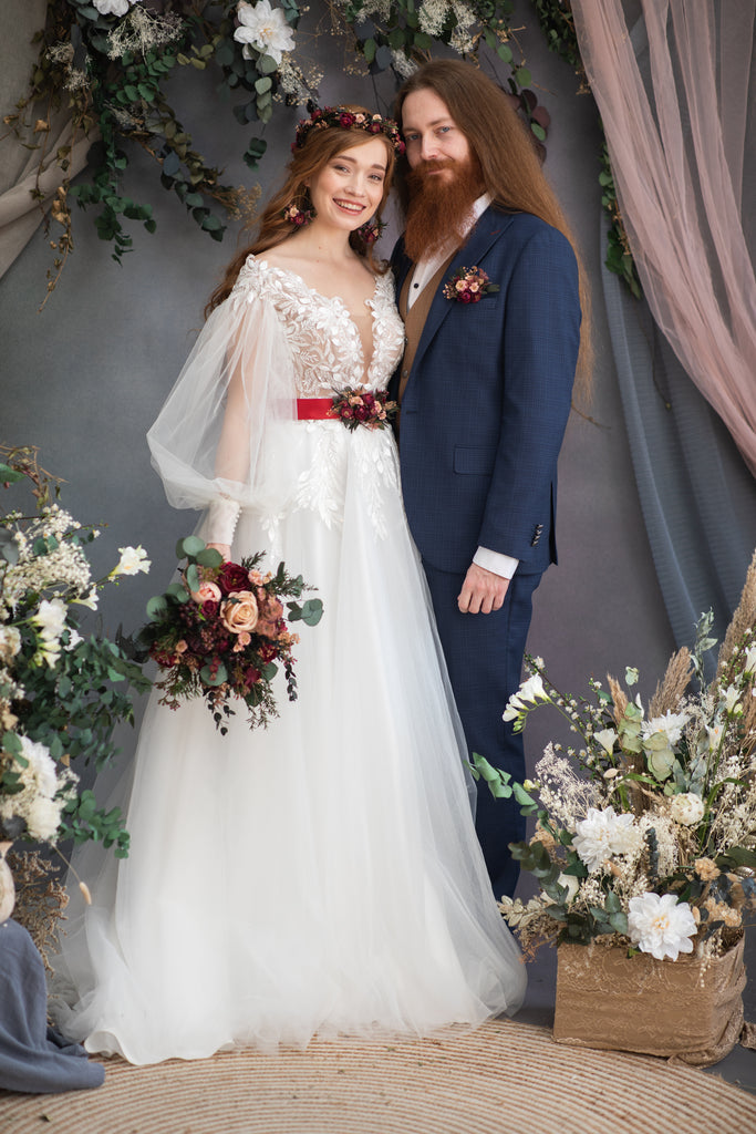 Wedding dress with burgundy sash hotsell