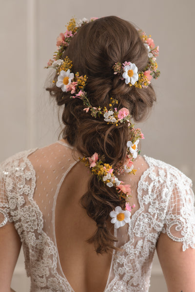 Daisy bendable bridal hair garland Wedding flower garland Meadow hair flowers Long shapeable garland Hair vine for bride Customisable