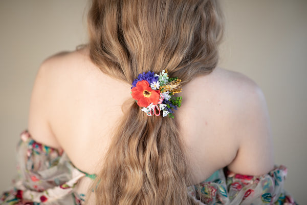 Folk poppy flower hair tie
