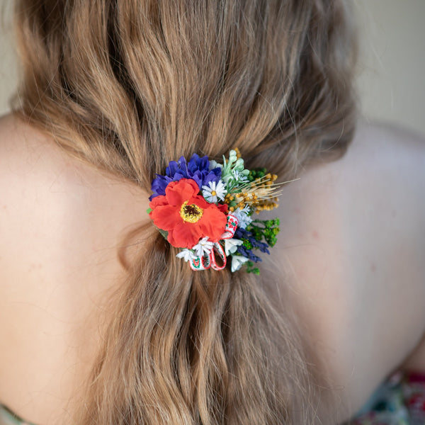 Folk poppy flower hair tie