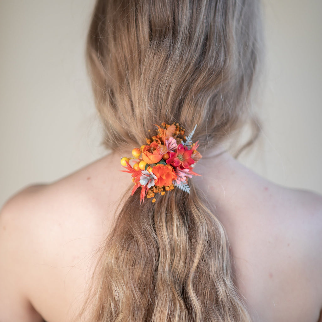 Orange autumn flower hair tie