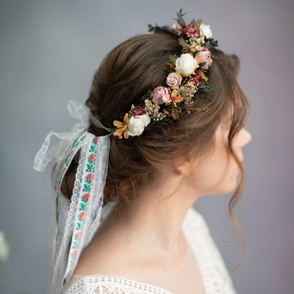 Folk peony and rose hair crown