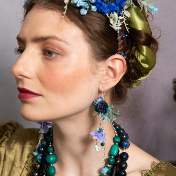 Blue dangle flower earrings