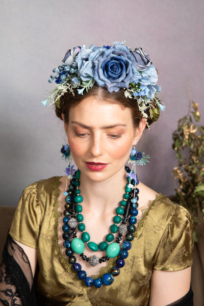 Blue dangle flower earrings