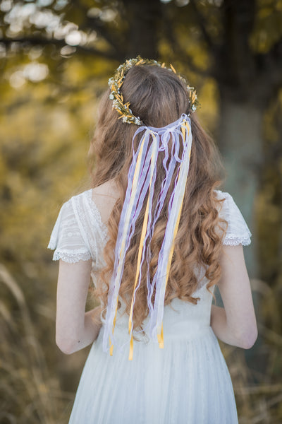 Yellow and green natural flower wreath, Meadowy bridal wreath, Wildflowers hair crown, Bridal halo, Magaela, Customisable crown, Wax flowers