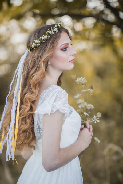 Yellow and green natural flower wreath, Meadowy bridal wreath, Wildflowers hair crown, Bridal halo, Magaela, Customisable crown, Wax flowers