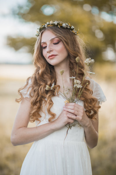 Yellow and green natural flower wreath, Meadowy bridal wreath, Wildflowers hair crown, Bridal halo, Magaela, Customisable crown, Wax flowers