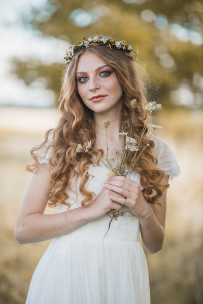 Yellow and green natural flower wreath, Meadowy bridal wreath, Wildflowers hair crown, Bridal halo, Magaela, Customisable crown, Wax flowers