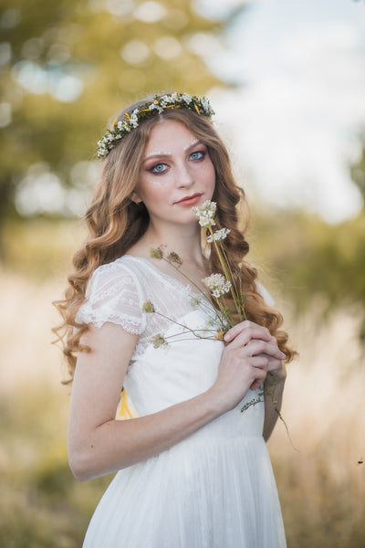 Yellow and green natural flower wreath, Meadowy bridal wreath, Wildflowers hair crown, Bridal halo, Magaela, Customisable crown, Wax flowers