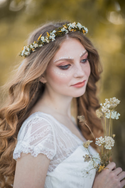 Yellow and green natural flower wreath, Meadowy bridal wreath, Wildflowers hair crown, Bridal halo, Magaela, Customisable crown, Wax flowers