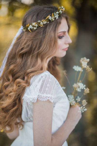 Yellow and green natural flower wreath, Meadowy bridal wreath, Wildflowers hair crown, Bridal halo, Magaela, Customisable crown, Wax flowers