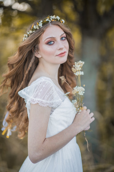 Yellow and green natural flower wreath, Meadowy bridal wreath, Wildflowers hair crown, Bridal halo, Magaela, Customisable crown, Wax flowers