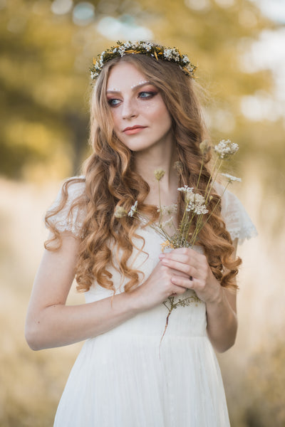 Yellow and green natural flower wreath, Meadowy bridal wreath, Wildflowers hair crown, Bridal halo, Magaela, Customisable crown, Wax flowers