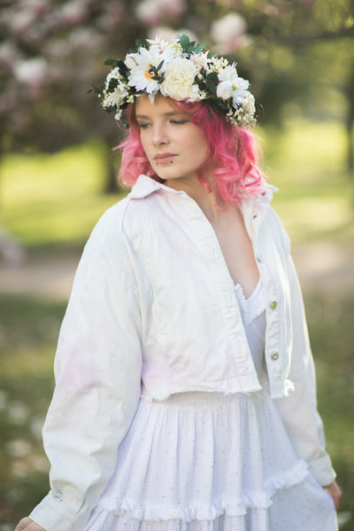 Big boho flower wreath Green and white bridal crown Flower headpiece Bride 2021 Greenery wedding Customisable Wedding hair flowers handmade