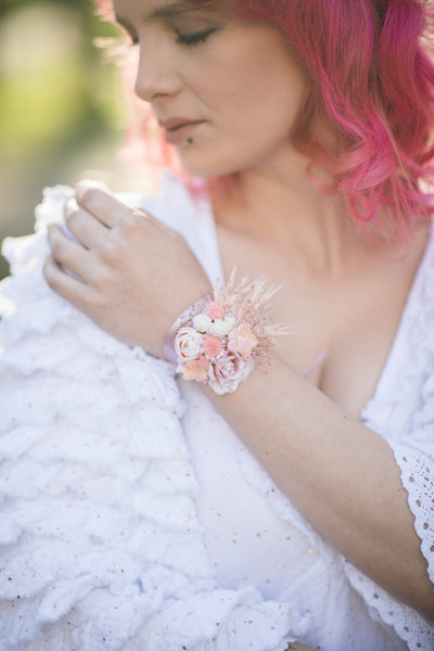 Romantic flower bracelet Blush and ivory bridal wrist corsage Preserved flowers Peony bracelet Bridesmaids gift Magaela Pale pink and cream