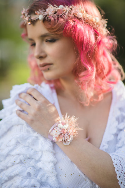 Romantic flower bracelet Blush and ivory bridal wrist corsage Preserved flowers Peony bracelet Bridesmaids gift Magaela Pale pink and cream