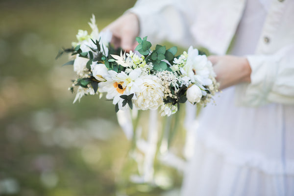 Big boho flower wreath Green and white bridal crown Flower headpiece Bride 2021 Greenery wedding Customisable Wedding hair flowers handmade