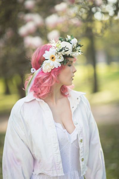 Big boho flower wreath Green and white bridal crown Flower headpiece Bride 2021 Greenery wedding Customisable Wedding hair flowers handmade